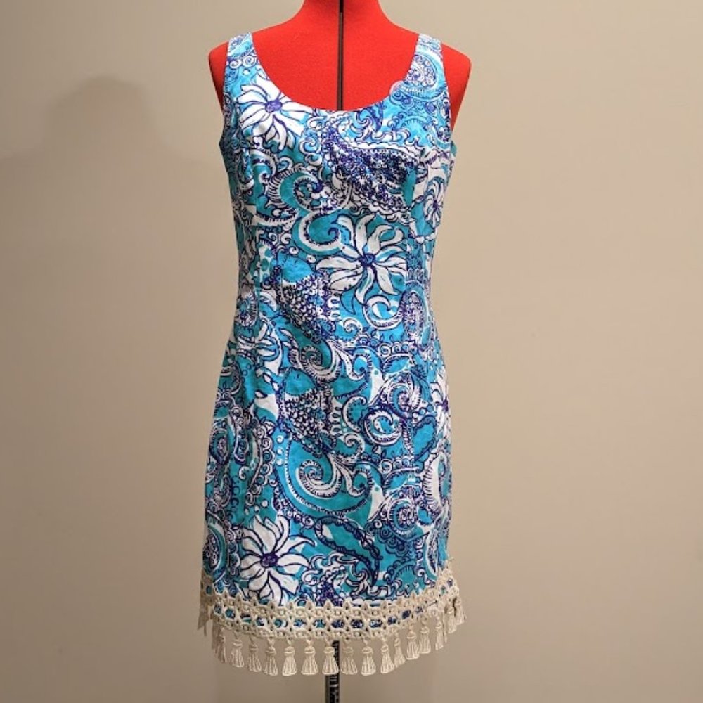Lilly Pulitzer Turquoise Floral/Fish Sleeveless Dress w/ Gold Tassel Hem Size 8